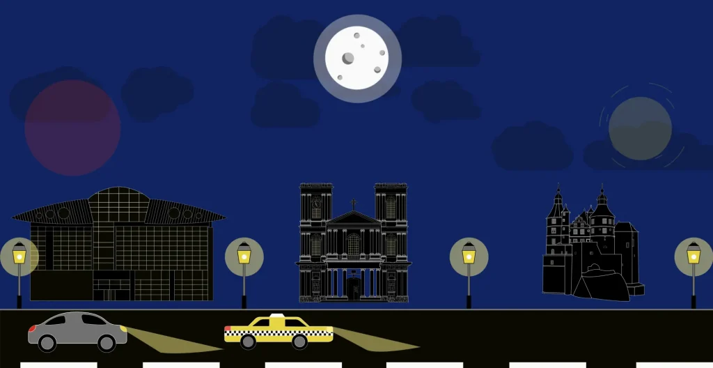 Image du projet Vision représentant une route et des bâtiments de la région Belfort-Montbéliard sous un clair de lune.